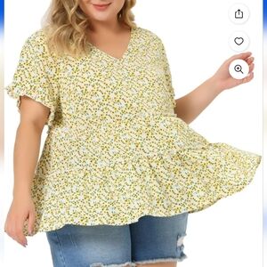 Agnes Orinda Yellow and White Floral Tiered Short Sleeve Blouse. NWT